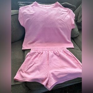 Pink Textured Short Sleeve Top and Shorts Set